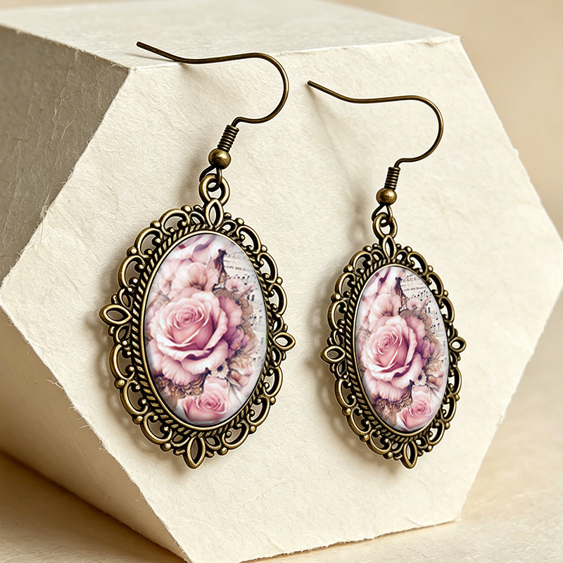 Men's Vintage Musical & Pink Rose Glass Cabochon Earrings